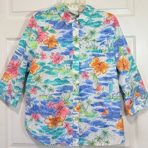 Alfred Dunner Coastal Grandma Tropical Beach Resort Lighthouse Snap Top Size 16